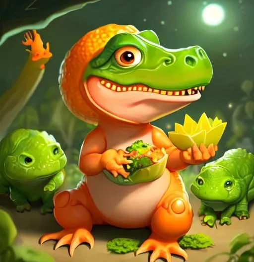 Prompt: Create an image of  a cute orange  baby dinosaur with rosy cheeks, with no sharp teeth, with big bubbly eyes , long lashes, for a kids book that's sitting make it detailed cute trending on artstation with a heavenly setting fantasy magical digital art opt art 

Make one of the dinosaurs eating a green vegetable salad
