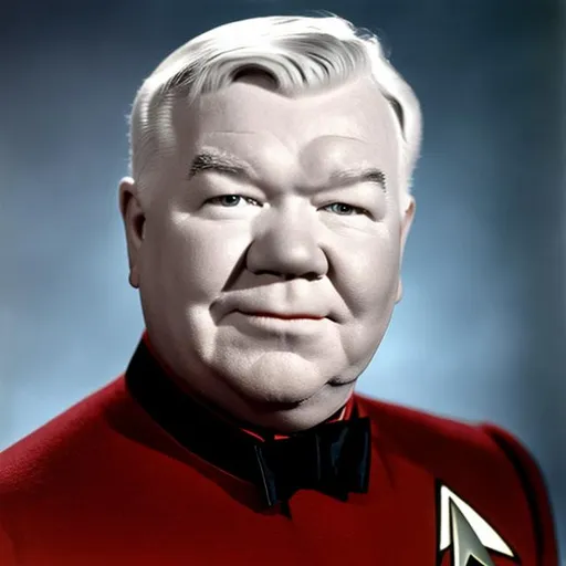 Prompt: A portrait of W. C. Fields, wearing a Starfleet uniform, in the style of the Star Trek movies.