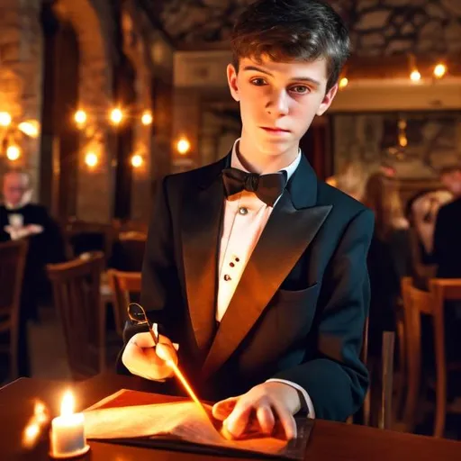 Prompt: 16 year old boy in a tuxedo casts a spell with his magic wand at a restaurant