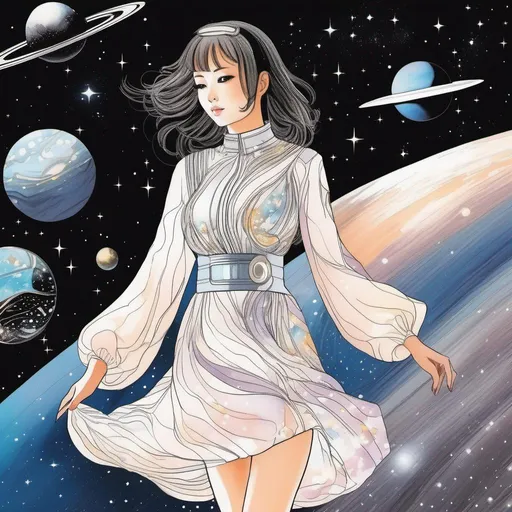 Prompt: a woman wearing outer space as a dress, manga