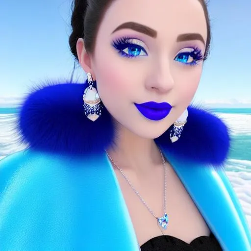 Prompt: Daisy Ridley, eating candy ice cream, blue lipstick, snowy beach, blue heart necklaces, Thick blue fur coat, Black Cape, pleasant face, blue eyes, Black-purple eyeshadow, long ice earrings. Cold color scheme, ultradetailed, 8k resolution, perfect, smooth, high quality, shiny. 