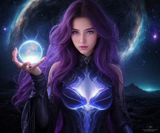 Prompt: splash art, hyper detailed, hyper realistic, highly detailed, dark, surreal heavy mist, floating at the edge of the Universe, in an alien observatory, 

create an 60% transparent hologram of a fantastically Exquisite beautiful, young adult woman, Exceptionally Gorgeous Sorceress, holding the Milky way galaxy on an extended fingertip,

Gorgeous detailed facial features, long legs, vibrant sumptuous, perfect body, ultra pale, visible midriff, perfect curly red hair, magically created armor, heavy iron collar, 

Perfect studio lighting, perfect shading. HDR, UHD, high res, 64k, cinematic lighting, special effects, hd octane render, professional photograph, trending on artstation, .