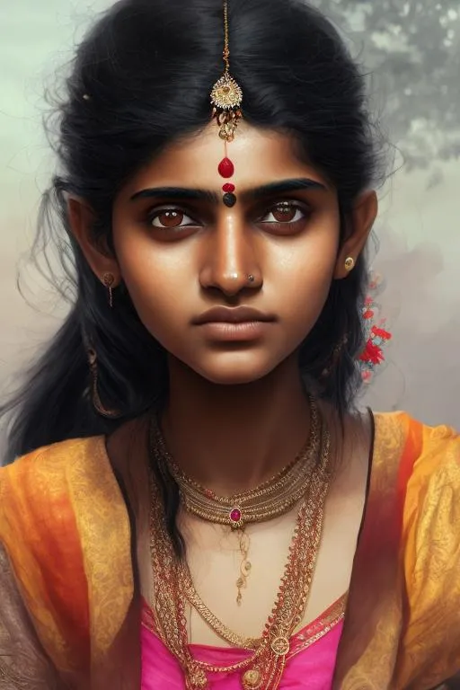 Prompt: Portrait of 15 year old Indian girl with black hair and with cute face, perfect composition, hyperrealistic, super detailed, 8k, high quality, trending art, trending on artstation, sharp focus, studio photo, intricate details, highly detailed, by greg rutkowski