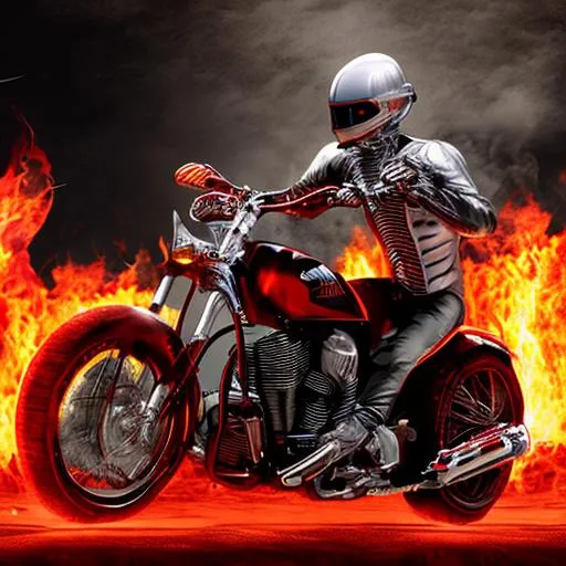 Prompt: Futuristic man, dangerous, red and white, realistic, strong, full body picture, riding motorcycle, riding from flames