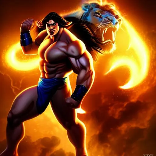 Prompt: Greek mythological character Hercules in superhero pose, headroom, spearing a charging lion, digital art style, contest lighting, high resolution render
