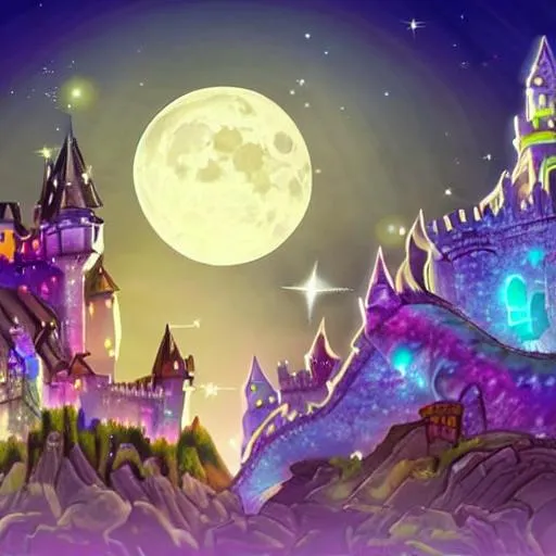 Prompt: Starlight Fantasy Scene with Cats and Dragons Magical Animation Clear Faces Beautiful Moonlight Scene Castle with Dragon, Blue, Purple Galaxy