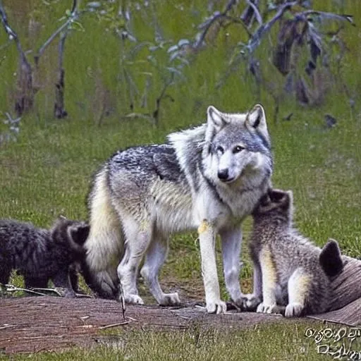 Prompt: a wolf taking care of its cubs