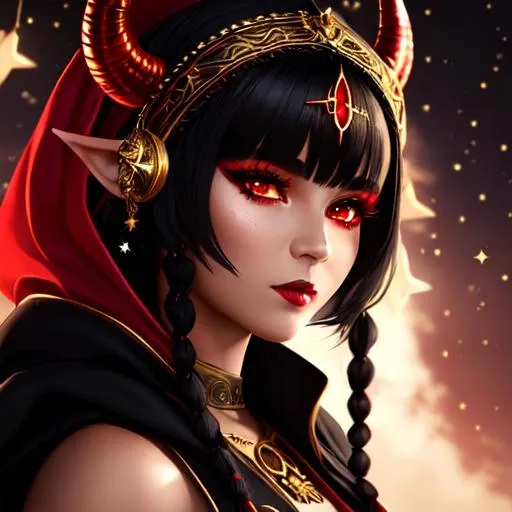 Prompt: half body portrait, female , tiefling, red skin, (( red skin:0.6)), detailed face, detailed golden eyes, full eyelashes, alien eyes with stars, ultra detailed accessories, detailed interior, tavern background, black cloak, black hood, black witch robes with white undershirt and stars, white curly hair, short hair with side braid, bangs, dnd, artwork, dark fantasy, tavern interior, looking outside from a window, inspired by D&D, concept art, night time, ((looking away from viewer:0.3))