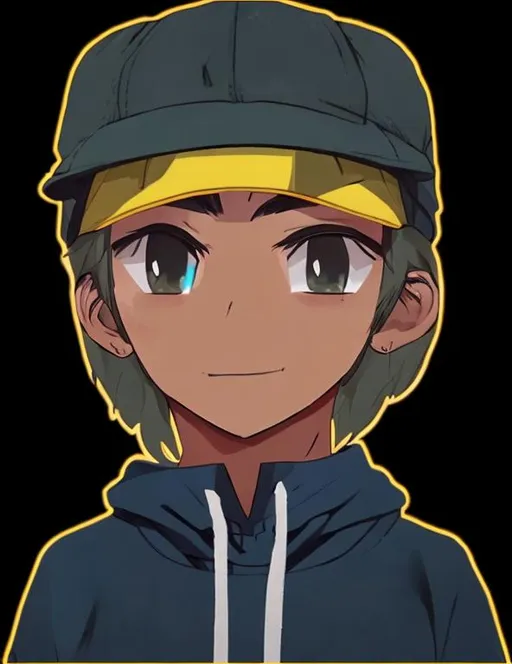 Prompt: A chara 2d art of a young man wearing a blue clothes and a black and yellow cap.