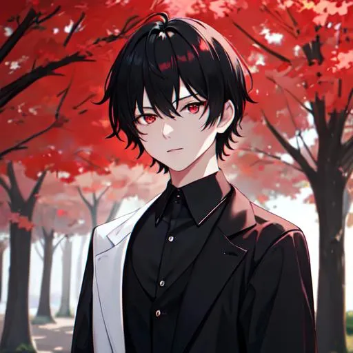 Prompt: Damien (male, short black hair, red eyes) in the park at night, casual outfit, dark out, nighttime, midnight, 8k resolution, ultra detailed, high resolution, dark out
