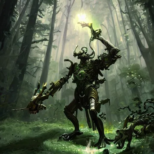 Prompt: Forest Elemental, warforged, green knight, fungi, mushrooms, magic the gathering artwork, D&D, fantasy, cinematic lighting, distant, highly detailed, digital painting, artstation, concept art, smooth, sharp focus, illustration, volumetric lighting, epic Composition, 8k, art by Akihiko Yoshida and Greg Rutkowski and Craig Mullins, oil painting, cgsociety