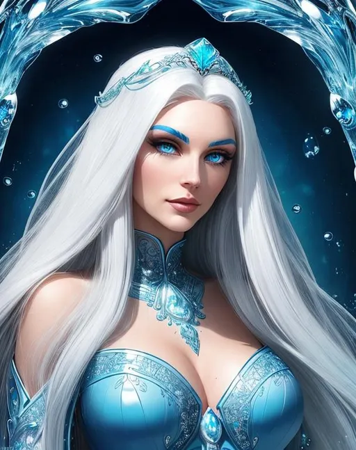 Prompt: A beautiful 25 ft tall 30 year old ((British)) Water elemental Queen with light skin and a beautiful face. She has long white hair and white eyebrows. She wears a beautiful slim blue dress. She has brightly glowing blue eyes and water droplet shaped pupils. She wears a blue tiara on her head. She has a blue aura around her. She is looking at you. Her bright glowing blue eyes peer down at you. She is smiling. Beautiful scene art. Scenic view. Portrait art. {{{{high quality art}}}} ((goddess)). Illustration. Concept art. Symmetrical face. Digital. Perfectly drawn. A cool background. Five fingers. Full body view. No portrait. No black background. Front view