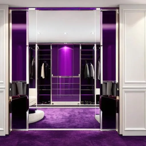 Prompt: A sumptuous purple gloss and velvet dressing room for guests at fine hotel. photorealism.
