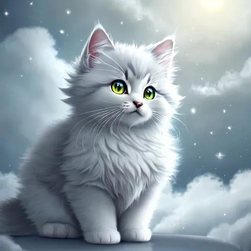 Prompt: Cute, very, very, light gray, fluffy, fantasy light kitten, with cloudy, white eyes, very, light, light, gray fur, and possessing the element of air and making circles of clouds and air move around in the air in a magical way, in a space background. Perfect features, extremely detailed, realistic. Krenz Cushart + loish +gaston bussiere +craig mullins, j. c. leyendecker +Artgerm.