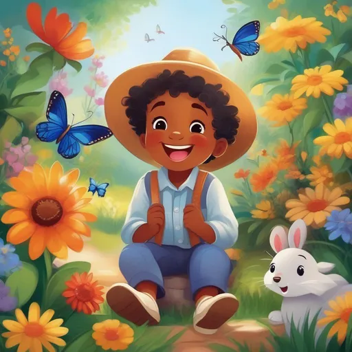 Prompt: Show an image of a cheerful little boy named Ezekiel playing in a magical garden with colorful flowers and animals. He is laughing and holding a butterfly in his hand.