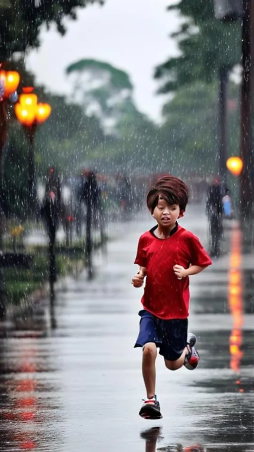 Prompt: A boy is running in therain