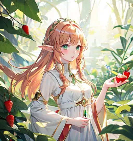 Prompt: An elf girl with light strawberry blonde hair with green eyes. She’s wearing white dress