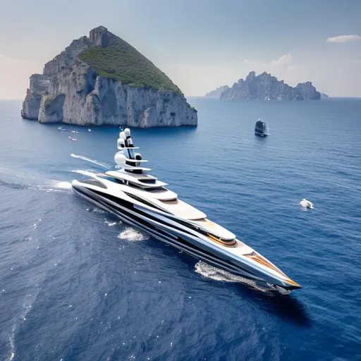Prompt: Supersonic horizontally sailing titanium super yacht in capri

