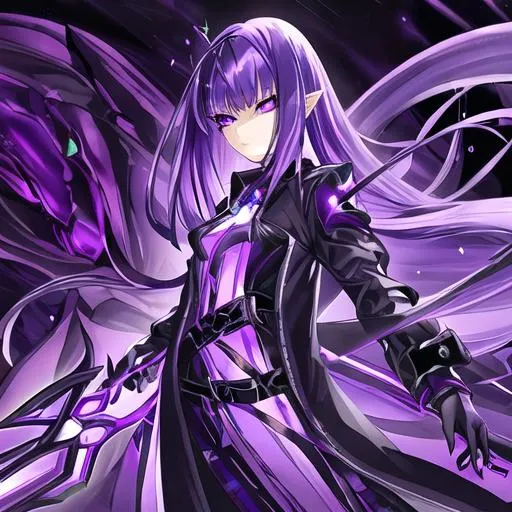 Prompt: Beautiful female alien hybrid, detailed eyes, has a sword emanating lightning, a young anime woman with long dark purple luxurious hair with a fringe haircut, purple eyes, disoriented due to memory loss, wearing a trenchcoat with neon purple edges and a belt with hanging silver chains and wears black leather gloves, an amethyst hairclip in her hair, fantasy, clear sparkling purple glowing eyes, intricately detailed face, intricate, highly-detailed, ultrarealistic face, large landscape, mechanics, dramatic lighting, gorgeous face, lifelike, stunning, digital painting, large, artstation, illustration, concept art, smooth, sharp focus, looking and smiling at viewer, full body, photography, detailed skin, realistic, photo-realistic, 8k, highly detailed, full length frame, High detail, showing full body, full body art 