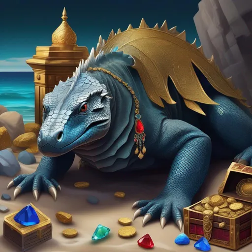 Prompt: a Komodo dragon with a gradient blue/grey skin, wearing jewelry, glaring at the viewer,  a detailed background, a beach at night, guarding an ornate-looking treasure chest, gemstones, rubies, emeralds, diamonds, gold coins on the floor, piles of gold, dragon's hoard, traditional art, D&D, HD