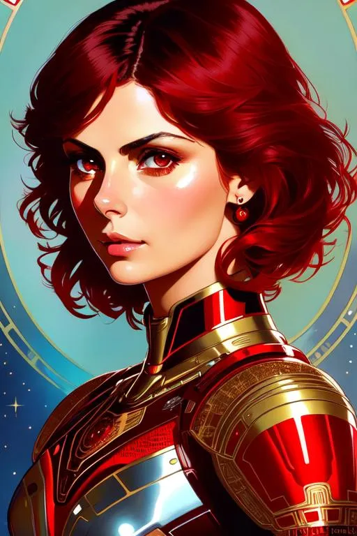 Prompt: Upper body portrait of cute Woman,  Morena Baccarin, red hair, tan skin, red lace mech armor, intricate, detailed face. by Ilya Kuvshinov and Alphonse Mucha. Dreamy, sparkles