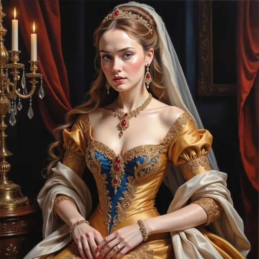 Prompt: a 16th century noble woman in a blue and gold dress with a tiara and  veil over hair, a candle in the background is a chandelier, Constance-Anne Parker, gothic art, highly detailed oil painting, a photorealistic painting