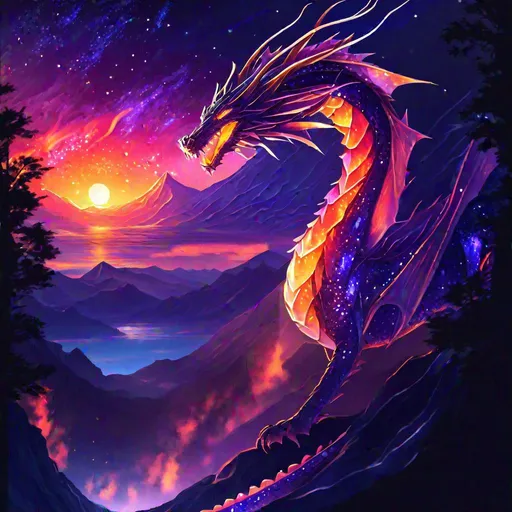 Prompt: An elegant translucent dragon that is glowing, beneath the stars, sunset, volcano background, highres, best quality, concept art