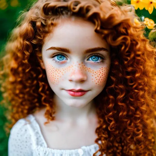 Prompt: Cottagecore girl red long curly hair, yellow ambar eyes, pale skin with freckes