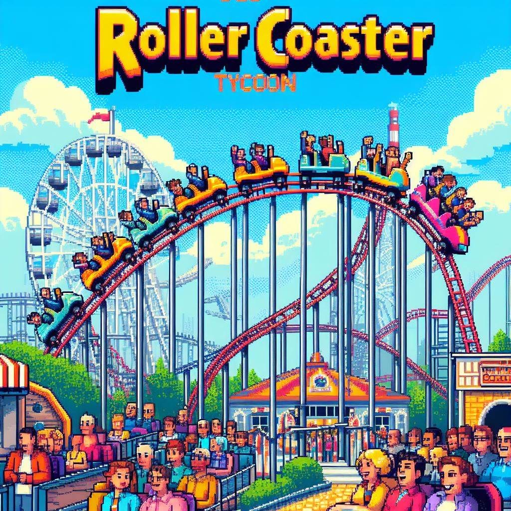 Prompt: Old pixel cover photo for Roller Coaster Tycoon, several rides, people having fun, game cover for Roller Coaster game, Bright Color Roller Coaster