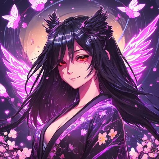 Prompt: Digital art,splash art, game art, neon light, dusk, night time, chill vibes, black hole, galaxy in the sky, anime woman with owl wings, wearing kimono, smug smile, anime wide eyes, smooth soft skin, detailed face, standing in a field of flowers, flying fireflies, cherry blossom, smoke air