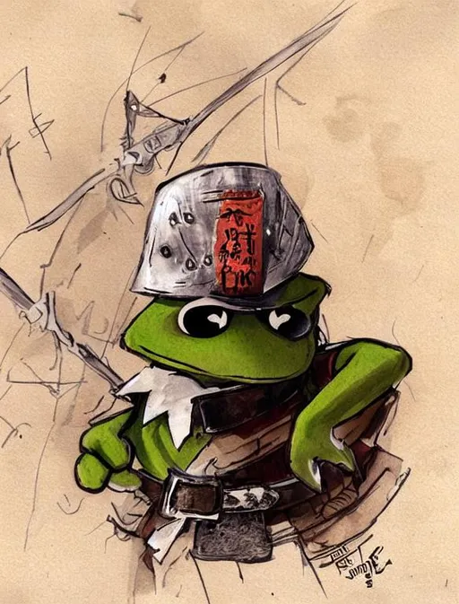 Prompt: Kermit the frog wearing samurai armor ready for battle