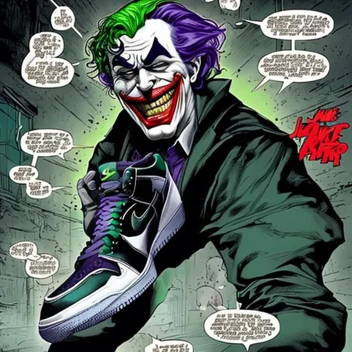 Prompt: The joker wearing Nike air Jordan retro 1 while fighting batman