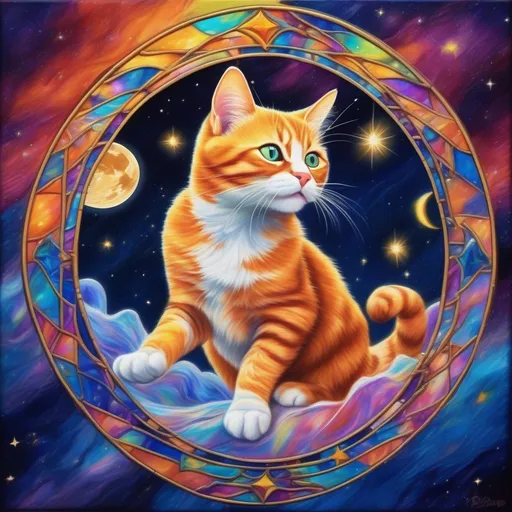 Prompt: a colourful sandy orange tabby tomcat that is polydactyl made of stars and outer space, jumping over the moon in space a photorealistic impressionistic Disney Lisa Frank style. in a stained glass style