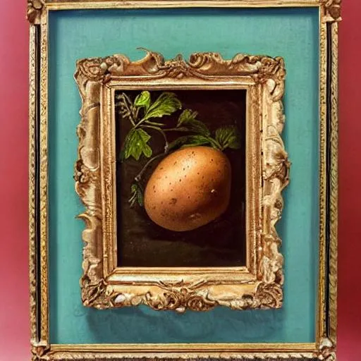 Prompt: a potato on a pedestal painted, in an ornate frame