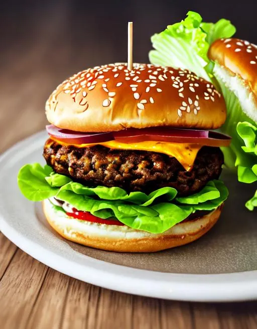 Prompt: A fulll shot of a hamburger with bacon, tasty, hot,  realistic lettuce texture, realistic meat texture, realistic hamburger texture. Texture: Photorealistic, 64X, high quality, High Definition, Nikon 50mm f/1.8, ISO 1000, dramatic illumination