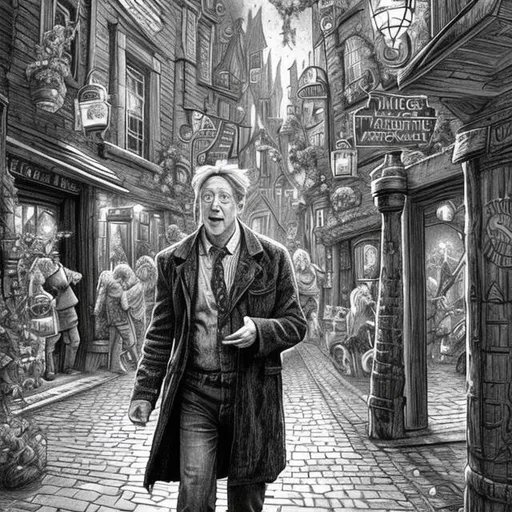 Prompt: drawing arthur weasley entering magical street from car parking

