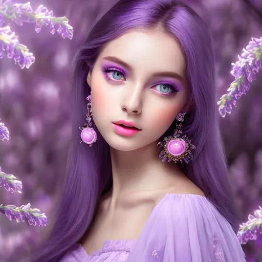 Prompt: Gorgeous lady wearing lavender dress, AI, fined features, 8K, fair and glossy skin, big eyes, light makeup, fashion jewelry, babypink lips