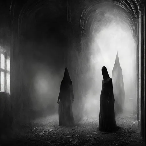 Prompt: black smoke-like figures wandering in a dark corridor, intricate scene, dreadful, dark, victorian, enhanced facial details, concept art trending on artstation