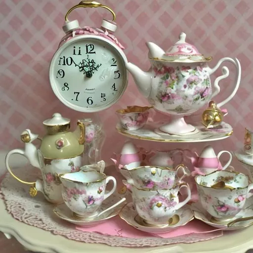 Prompt: Vintage alice in Wonderland tea party scene with clocks, keys, cards, hats