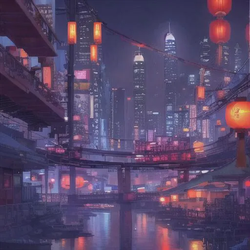 Prompt: sci fi, cyberpunk city at night, chinese, lanterns, hong kong river, monorail, mountain background