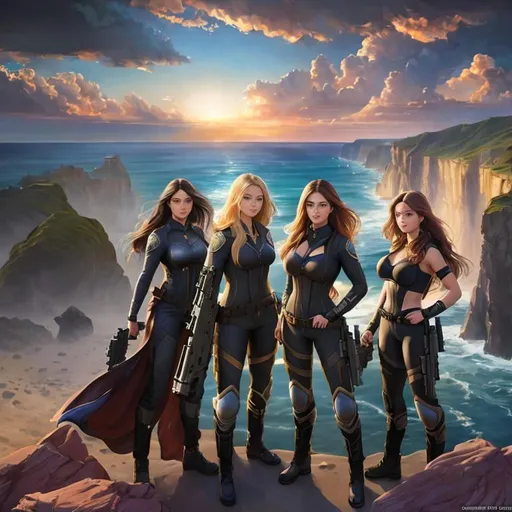 Prompt: {{{{highest quality concept art masterpiece}}}} digital drawing oil painting, 128k UHD HDR, hyperrealistic intricate, comic (HDR, UHD, 64k, best quality, RAW photograph, best quality, masterpiece:1.5),UHD, hd , 64k, ocean view background, 3 women with guns standing posing in front of a ocean, beach, ocean, full form, detailed weapons, highly detailed sailor clothing, on a boat, 3 detailed sailor girls.  {{{{highest quality concept art masterpiece}}}} digital drawing oil painting, 128k UHD HDR, hyperrealistic intricate.