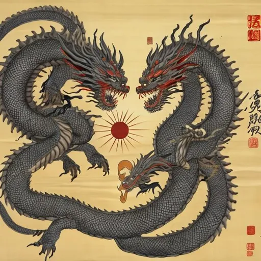 Prompt: a sun dragon fighting a moon dragon ancient chinese painting