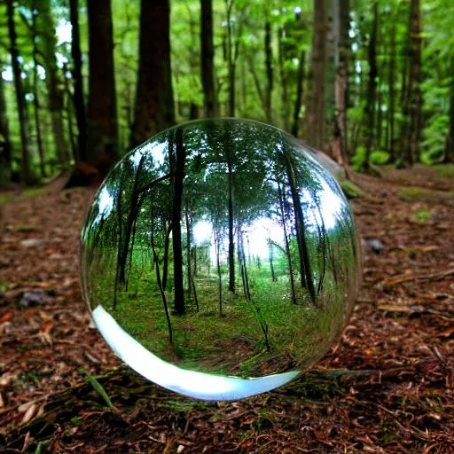 Prompt: Clear orb with reflections from the green forest where it lies