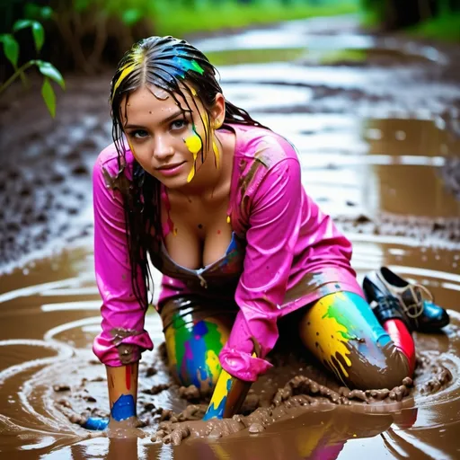 Prompt: photo of young woman, soaking wet clothes, high heels lace stockings soaked in paint, pink lace stockings tights muddy soaked in paint, long sleeve cocktale dress cleavage soaked in colorful paint,  , student laying down face hair covered in colorful paint and mud muddy dirty in puddle,   enjoying, water dripping from clothes, clothes stuck to body,  detailed textures of the wet fabric, wet face, wet plastered hair,  wet, drenched, professional, high-quality details, full body view , muddy clothes messy mud bath hair soaked in colorful paint