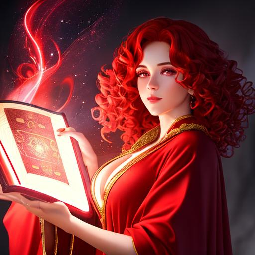 curly red haired magic caster, holding glowing magic... | OpenArt