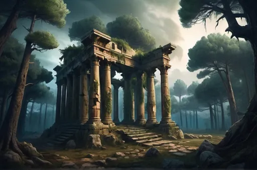 Prompt: Fantasy Illustration of a ruined temple, in the middle of a Mediterranean forest with cypress and sycamore trees, ominous atmosphere, entire structure, immersive world-building, high quality, detailed, epic scale, fantasy, nightfall 