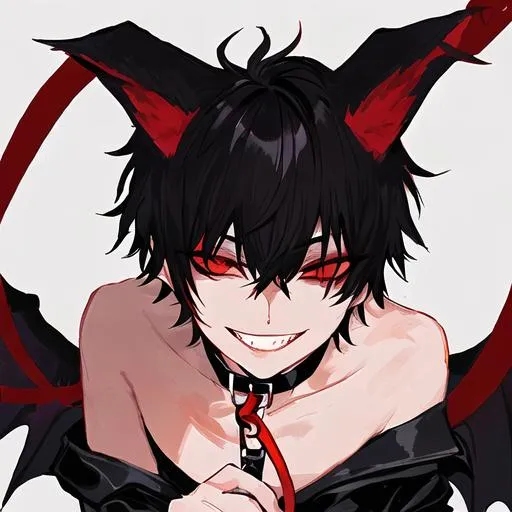 Prompt: Damien  (male, short black hair, red eyes) wearing a collar and holding a leash pulling on it. grinning seductively demon form, on his knees
