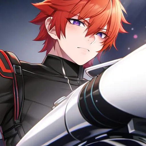 Prompt: Erikku male (short ginger hair, freckles, right eye blue left eye purple) UHD, 8K, Highly detailed, insane detail, best quality, high quality, Upset, muscular, riding a motorcycle