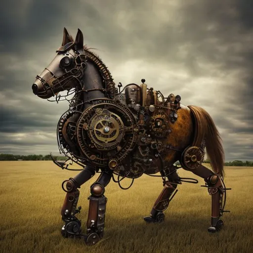 Prompt: a steampunk horse roaming through an old field