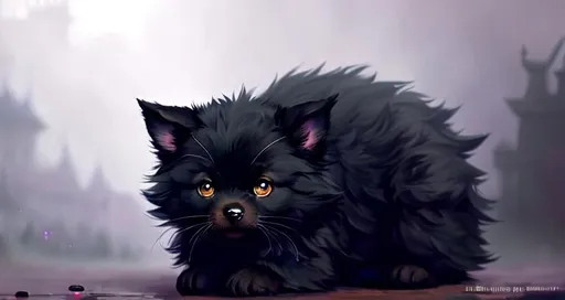 Prompt: Cute, black, fluffy, fantasy dark puppy, with dark, black eyes, very, dark fur, and possessing the element of darkness and making circles of dark magic move around in the air in a magical way. Perfect features, extremely detailed, realistic. Krenz Cushart + loish +gaston bussiere +craig mullins, j. c. leyendecker +Artgerm.